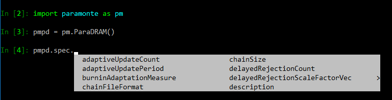 IPython ParaDRAM object's specification attributes screenshot